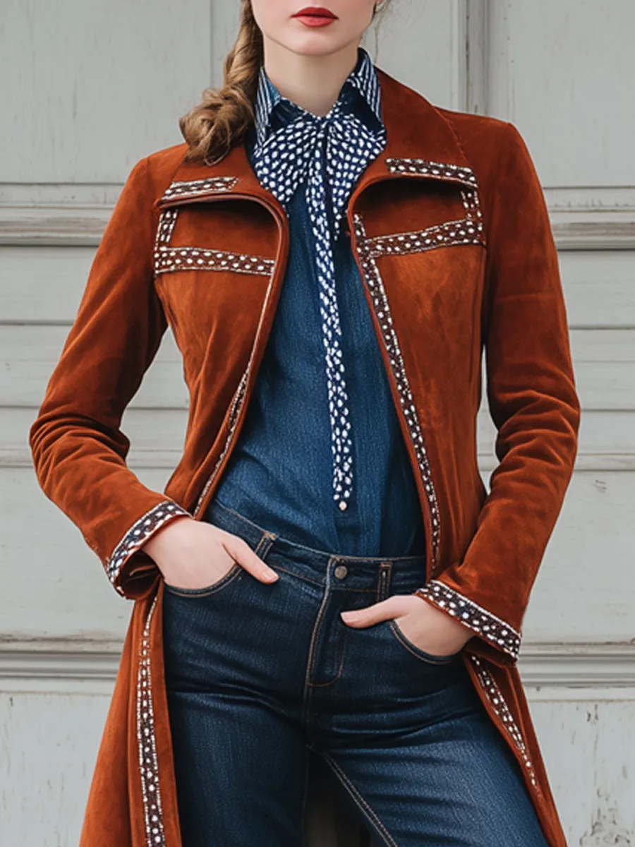 Fashionable Retro Web-trimmed Caramel Faux Suede Coat sold by Oyrosy product image thumbnail 3