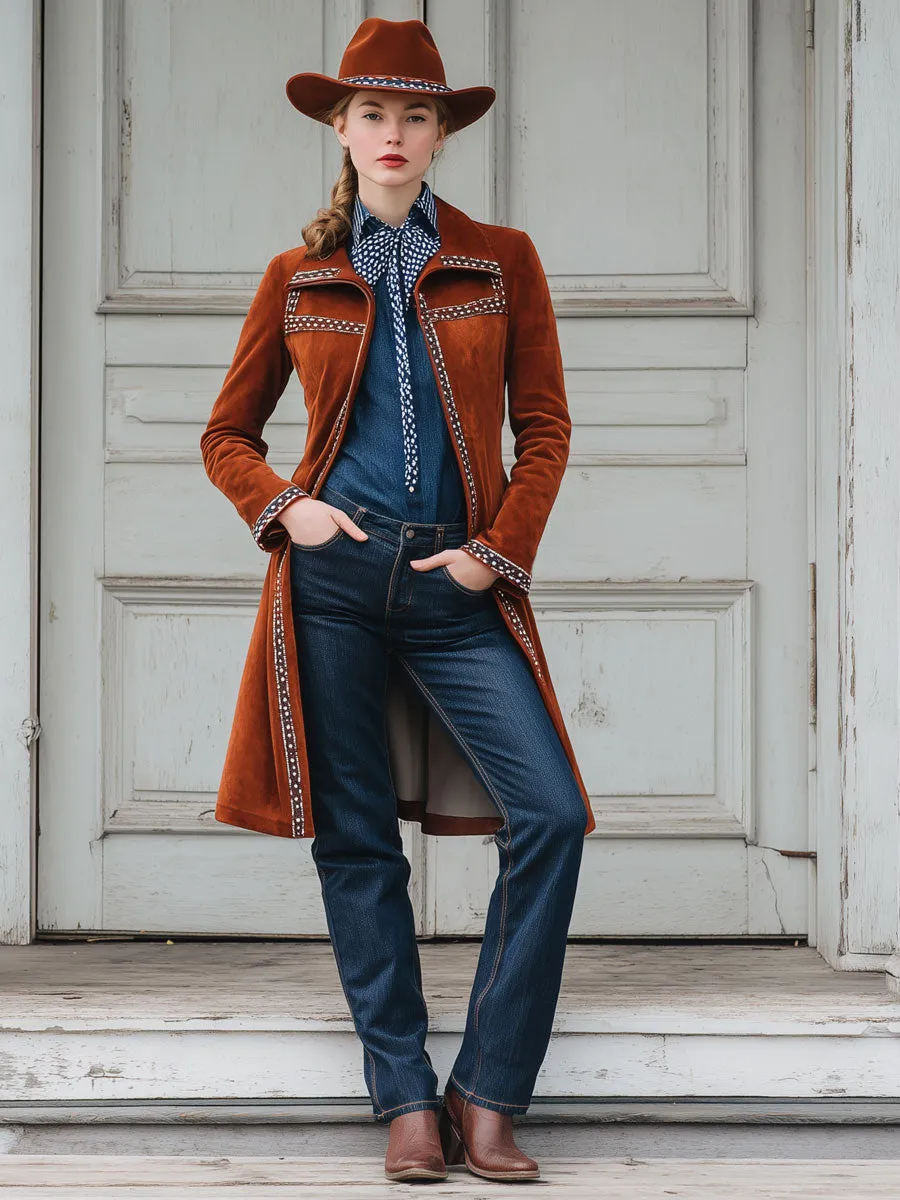 Fashionable Retro Web-trimmed Caramel Faux Suede Coat sold by Oyrosy product image thumbnail 2