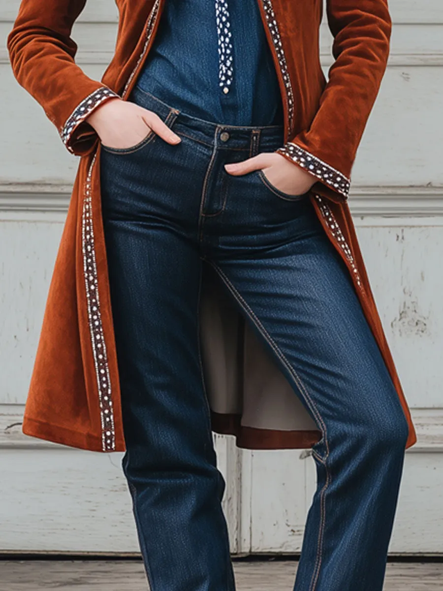 Fashionable Retro Web-trimmed Caramel Faux Suede Coat sold by Oyrosy product image thumbnail 4