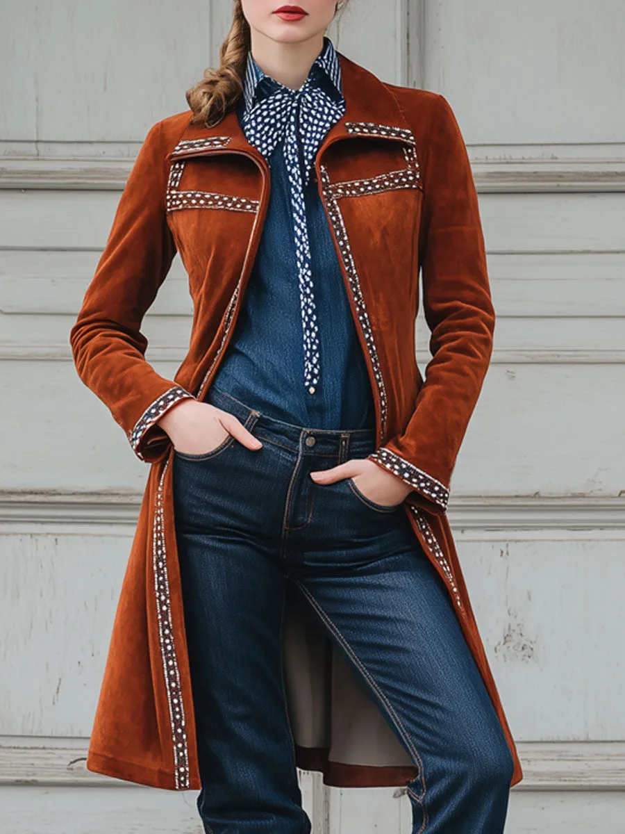 Fashionable Retro Web-trimmed Caramel Faux Suede Coat sold by Oyrosy