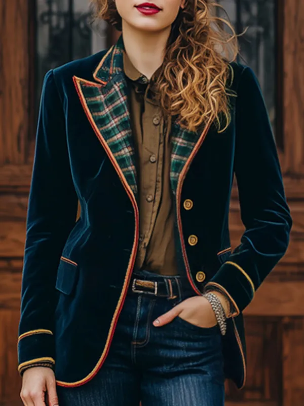 Fashion Retro Green Plaid Lapel Lake Blue Velvet Blazer sold by Oyrosy