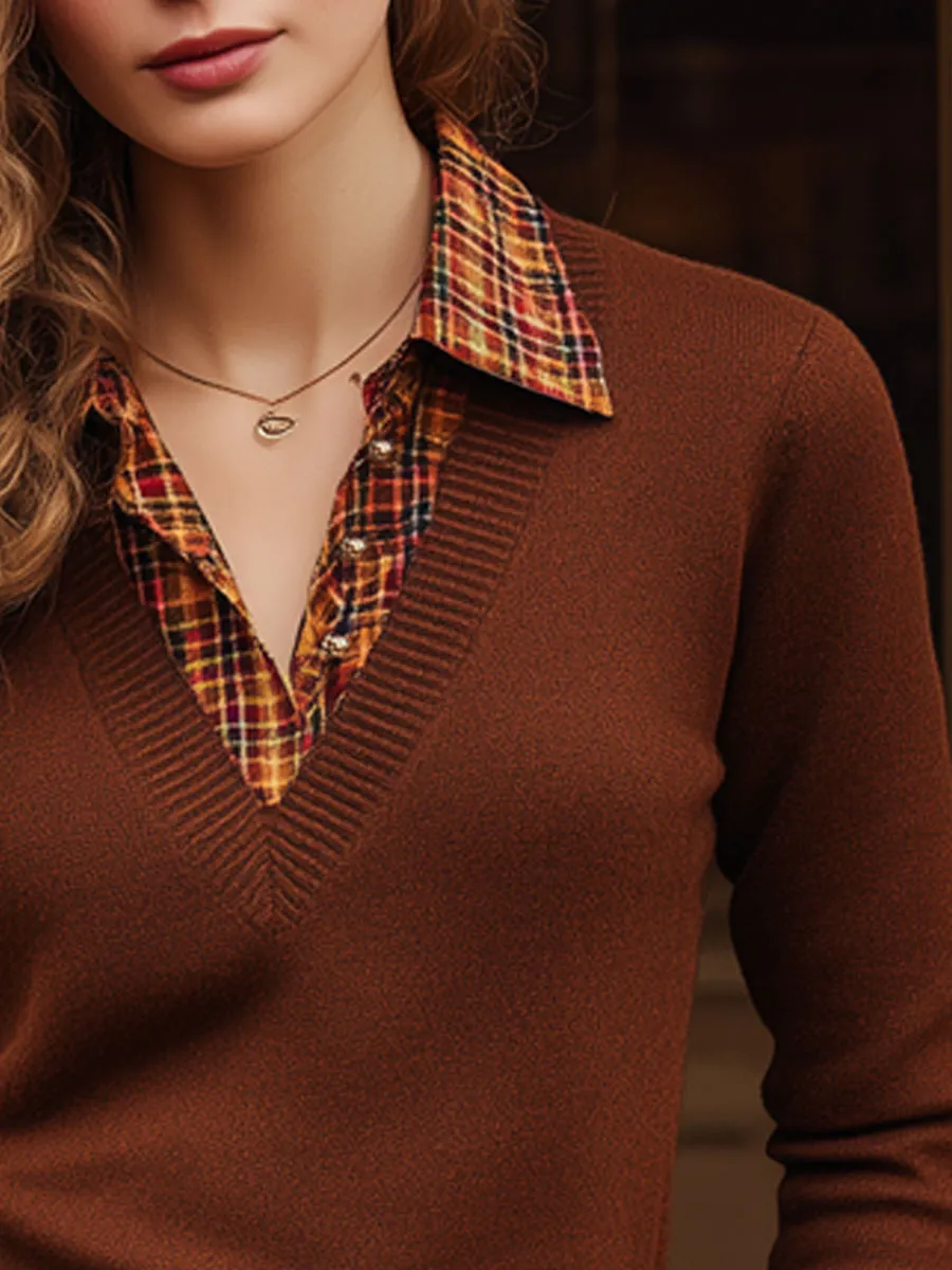 Fashion Retro Plaid Shirt-style V-neck Red And Brown Knitted Pullover Sweater sold by Oyrosy product image thumbnail 3