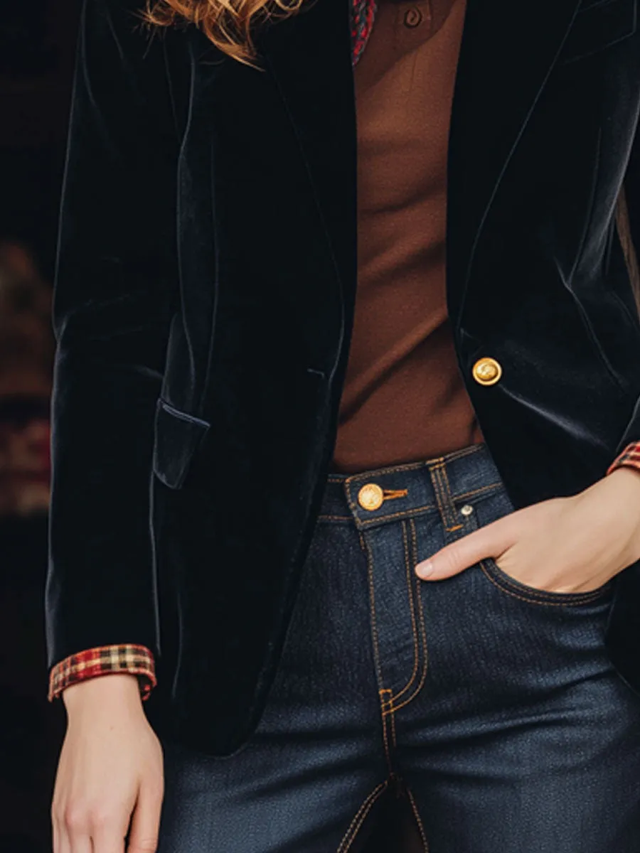 Fashion Retro Red Plaid Lapel Black Velvet Blazer sold by Oyrosy product image thumbnail 3