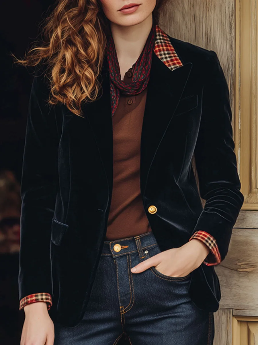 Fashion Retro Red Plaid Lapel Black Velvet Blazer sold by Oyrosy