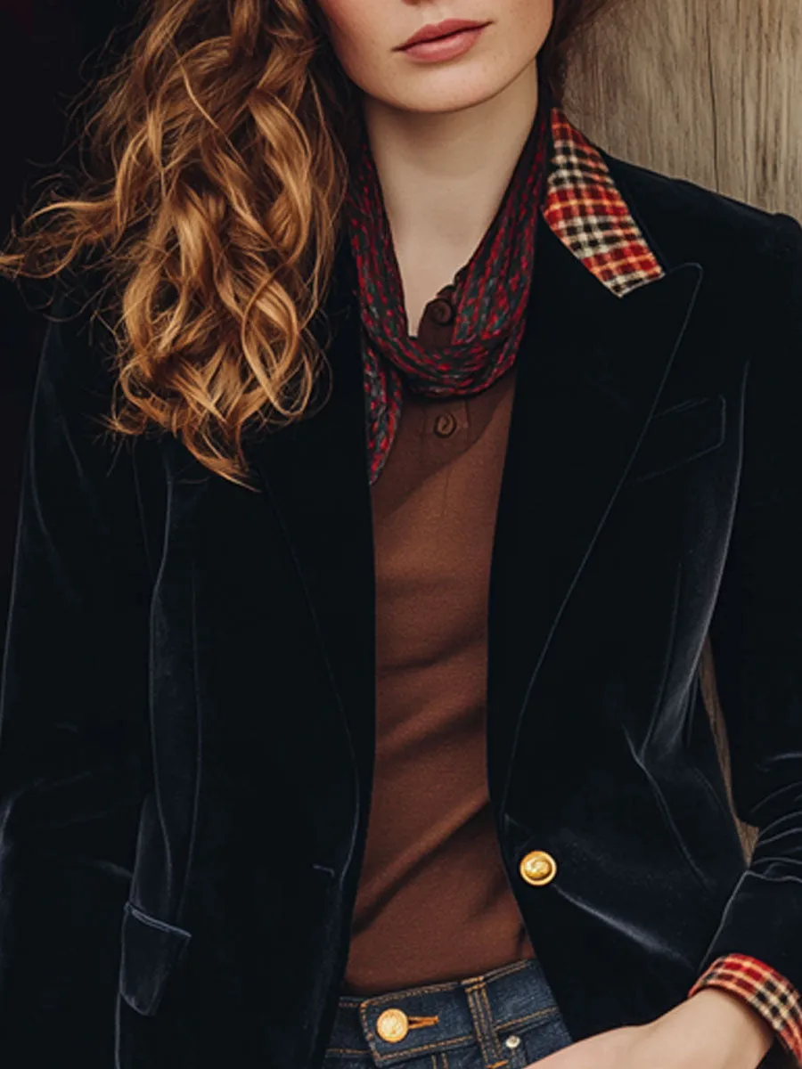Fashion Retro Red Plaid Lapel Black Velvet Blazer sold by Oyrosy product image thumbnail 4