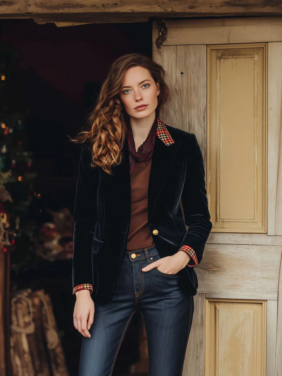 Fashion Retro Red Plaid Lapel Black Velvet Blazer sold by Oyrosy product image thumbnail 2