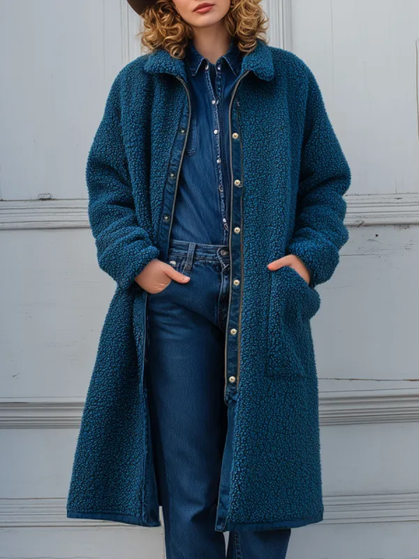 Western Vintage Cotton Hemmed Lake Blue Polar Fleece Coat sold by Oyrosy