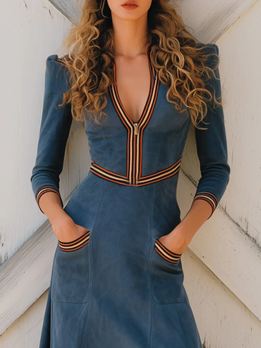 Western Retro Web Trim V-Neck Zipper Blue Faux Suede Long Sleeve Midi Dress sold by Oyrosy product image thumbnail 3