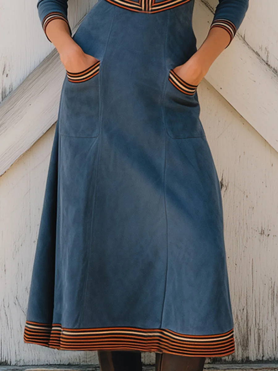 Western Retro Web Trim V-Neck Zipper Blue Faux Suede Long Sleeve Midi Dress sold by Oyrosy product image thumbnail 4