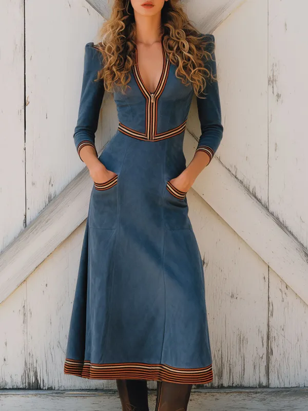 Western Retro Web Trim V-Neck Zipper Blue Faux Suede Long Sleeve Midi Dress sold by Oyrosy