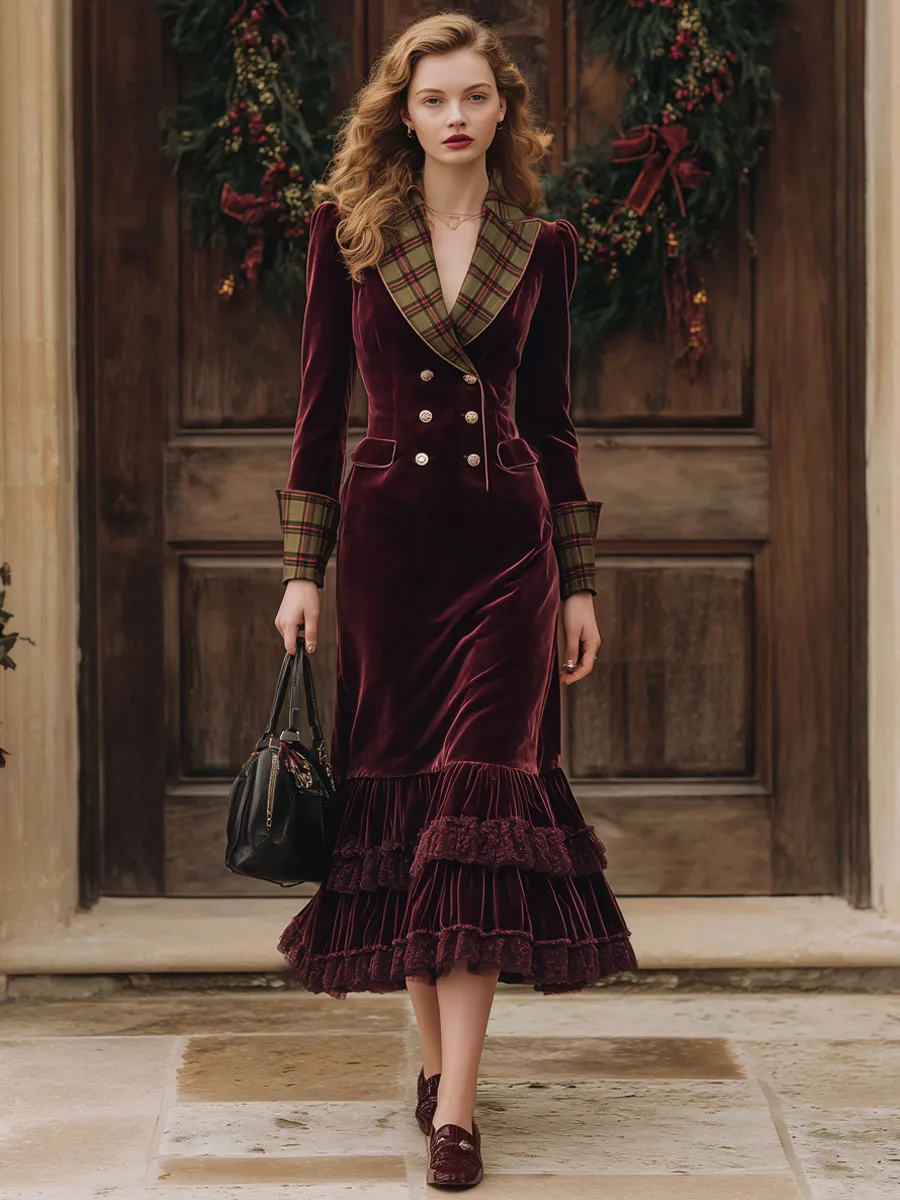 Fashion Retro Plaid Burgundy Velvet Lace Ruffled Suit-style Midi Dress sold by Oyrosy product image thumbnail 2