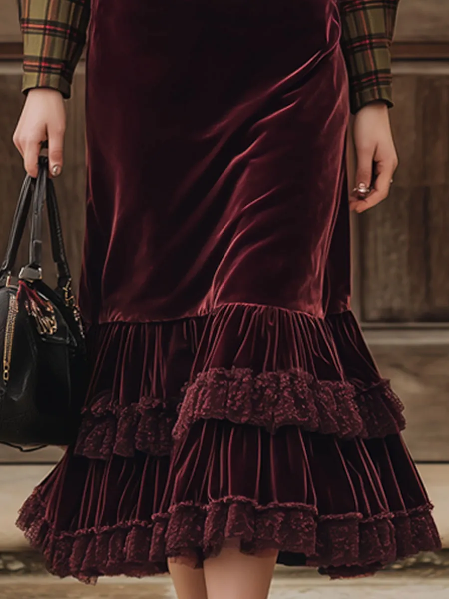 Fashion Retro Plaid Burgundy Velvet Lace Ruffled Suit-style Midi Dress sold by Oyrosy product image thumbnail 4