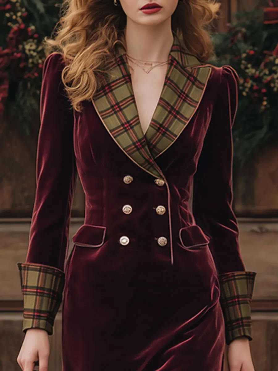Fashion Retro Plaid Burgundy Velvet Lace Ruffled Suit-style Midi Dress sold by Oyrosy product image thumbnail 3