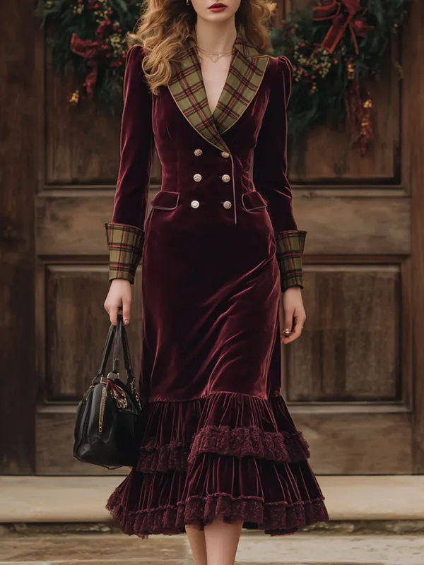 Fashion Retro Plaid Burgundy Velvet Lace Ruffled Suit-style Midi Dress sold by Oyrosy