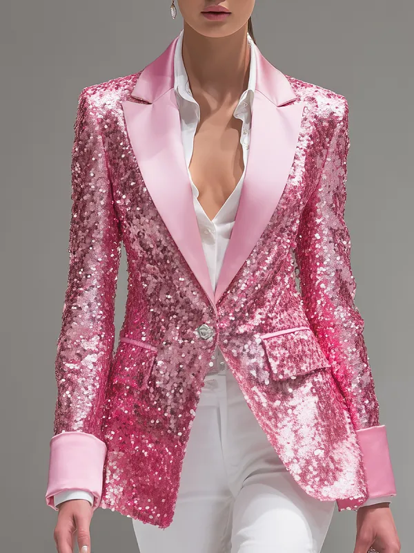 Elegant Urban Satin Lapel Sequin Blazer sold by Oyrosy