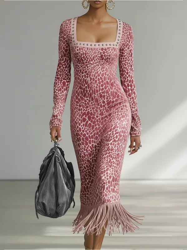 Elegant Vintage Leopard Print Square Neck Tassel Faux Suede Dress sold by Oyrosy