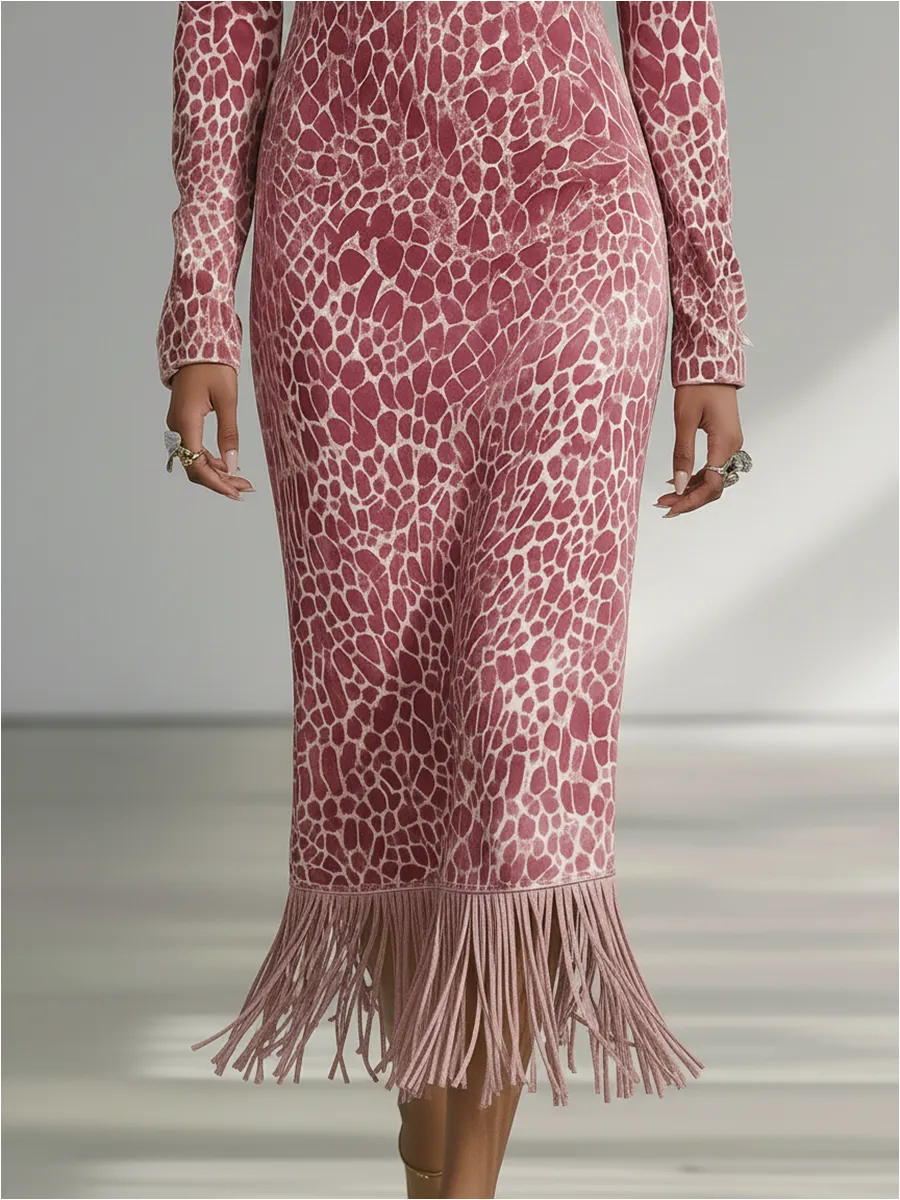 Elegant Vintage Leopard Print Square Neck Tassel Faux Suede Dress sold by Oyrosy product image thumbnail 4