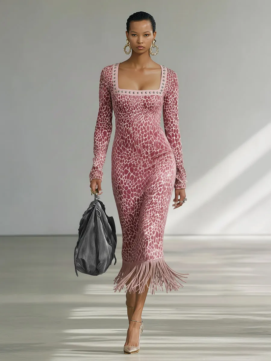 Elegant Vintage Leopard Print Square Neck Tassel Faux Suede Dress sold by Oyrosy product image thumbnail 2