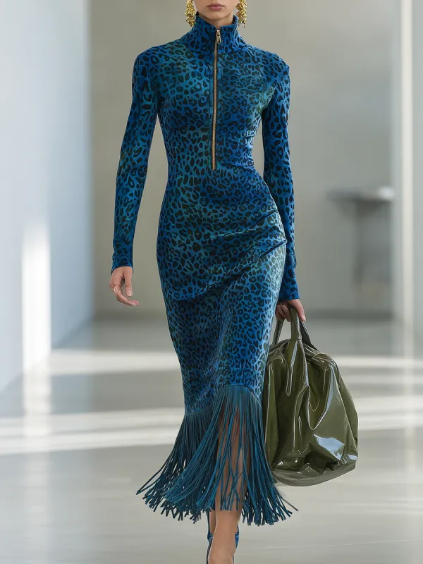 Vintage Leopard Print Zipper Stand Collar Tassel Faux Suede Dress sold by Oyrosy