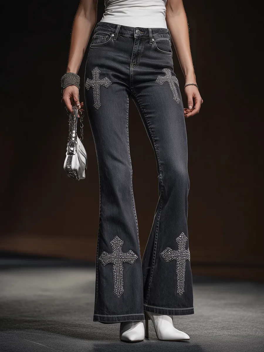 Vintage Fashion Cross Rhinestone Pattern Jeans sold by Oyrosy product image thumbnail 2
