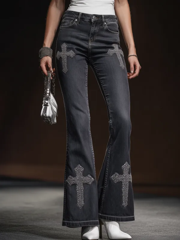 Vintage Fashion Cross Rhinestone Pattern Jeans sold by Oyrosy