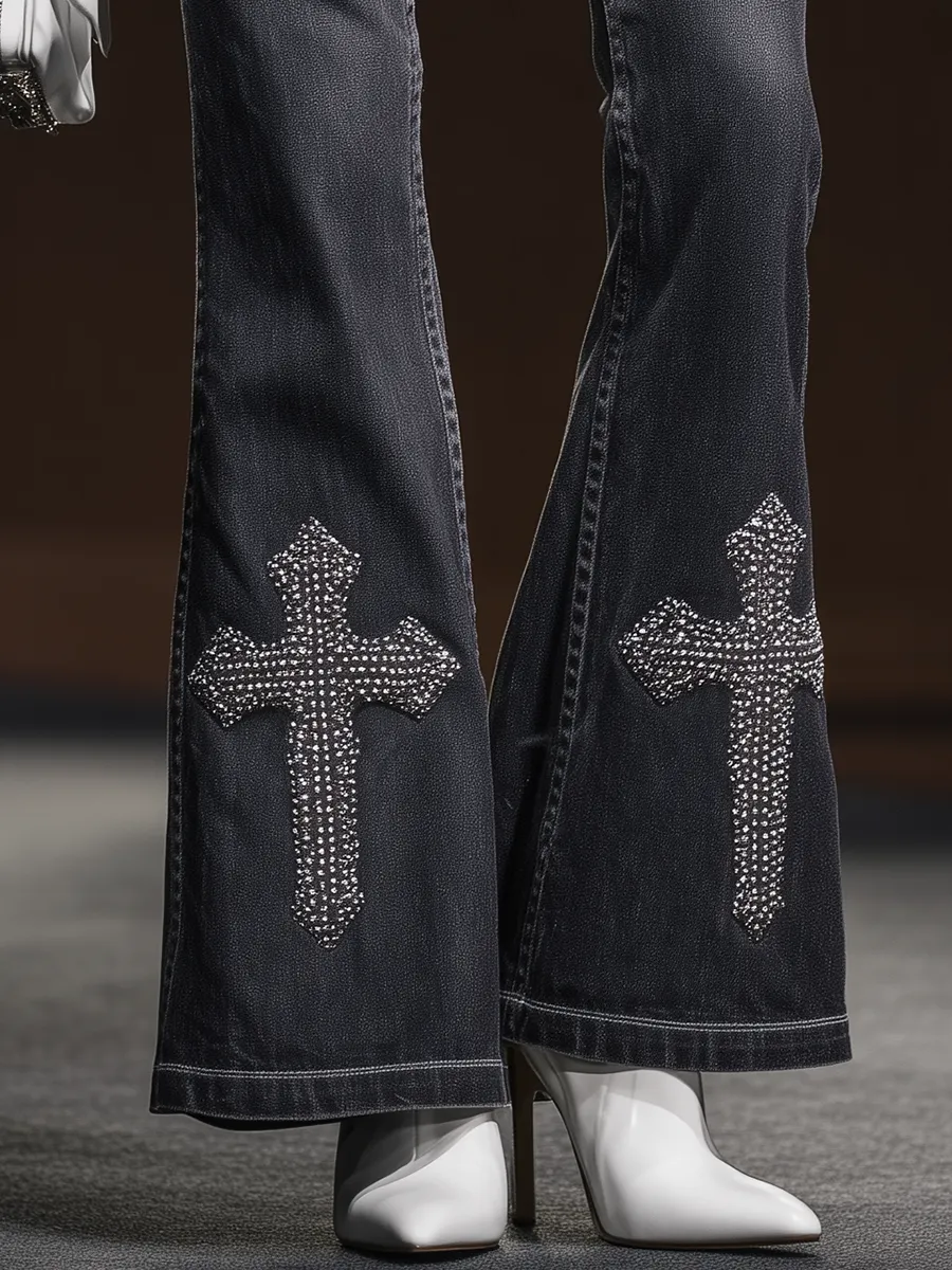 Vintage Fashion Cross Rhinestone Pattern Jeans sold by Oyrosy product image thumbnail 4
