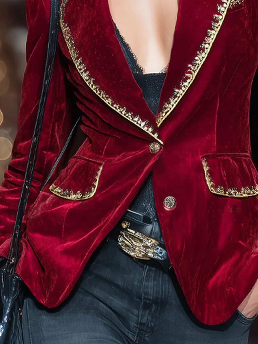 Elegant Lapel Gold Ribbon Single-breasted Velvet Blazer sold by Oyrosy product image thumbnail 3