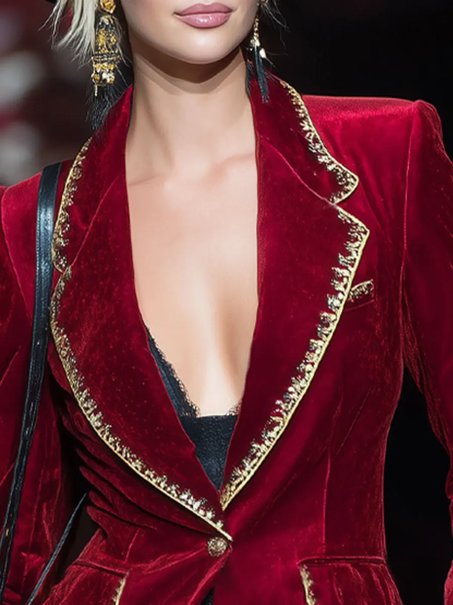 Elegant Lapel Gold Ribbon Single-breasted Velvet Blazer sold by Oyrosy product image thumbnail 2