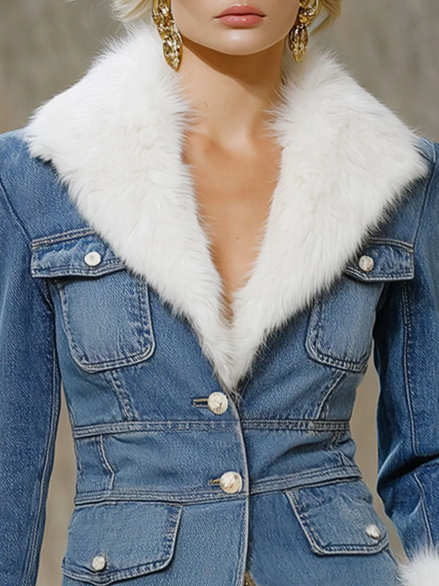 Faux Fur Lapel Multi-pocket Single-breasted Denim Jacket sold by Oyrosy product image thumbnail 2