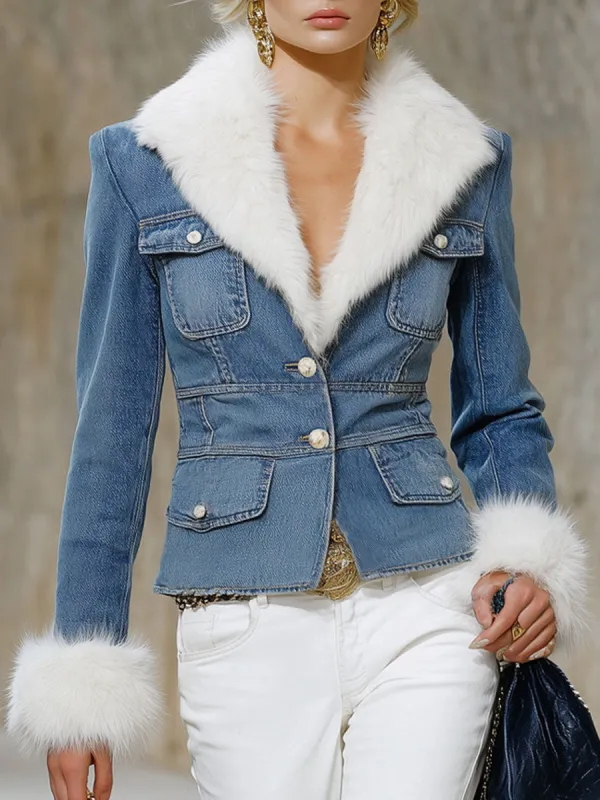 Faux Fur Lapel Multi-pocket Single-breasted Denim Jacket sold by Oyrosy