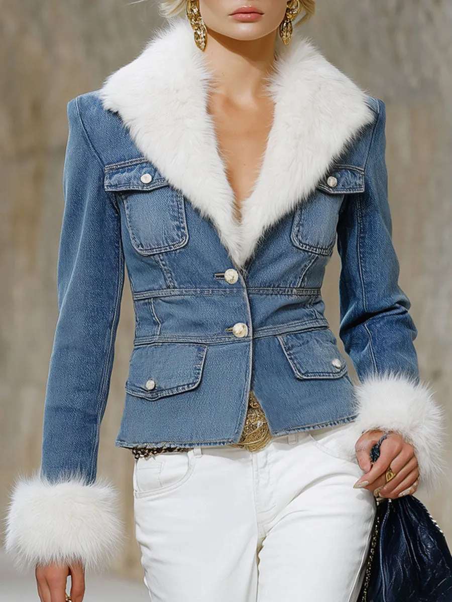 Faux Fur Lapel Multi-pocket Single-breasted Denim Jacket sold by Oyrosy