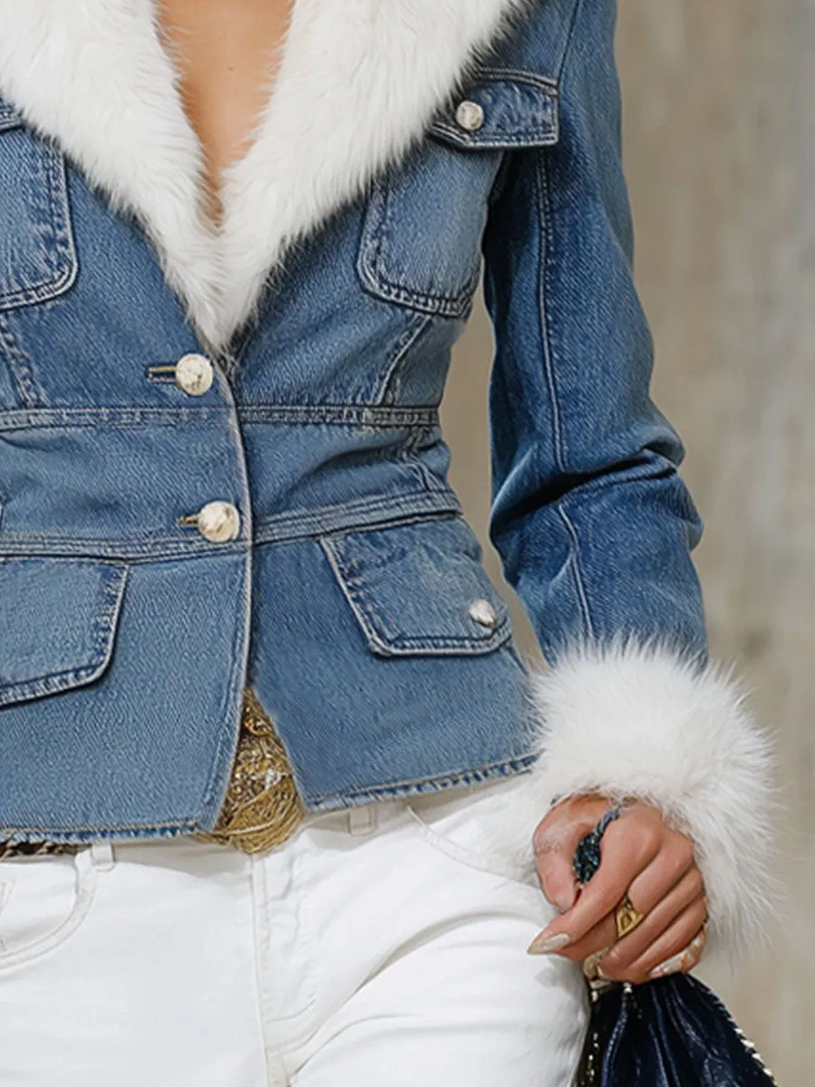 Faux Fur Lapel Multi-pocket Single-breasted Denim Jacket sold by Oyrosy product image thumbnail 3