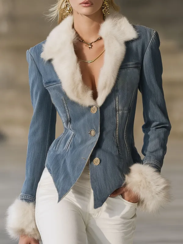 Faux Fur Lapel Single-breasted Denim Blazer sold by Oyrosy