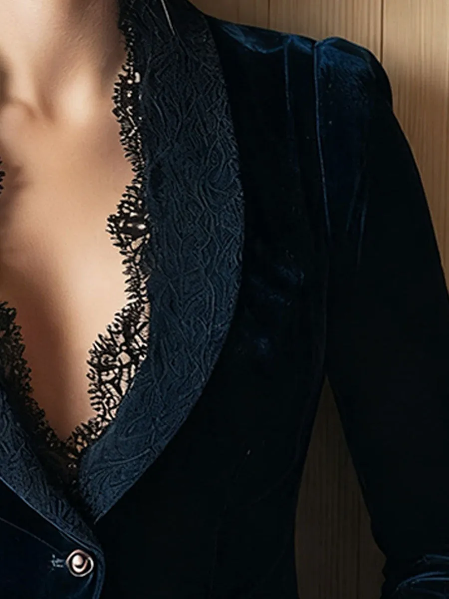 Fashion Retro Exquisite Lace Blue Velvet Blazer sold by Oyrosy product image thumbnail 3
