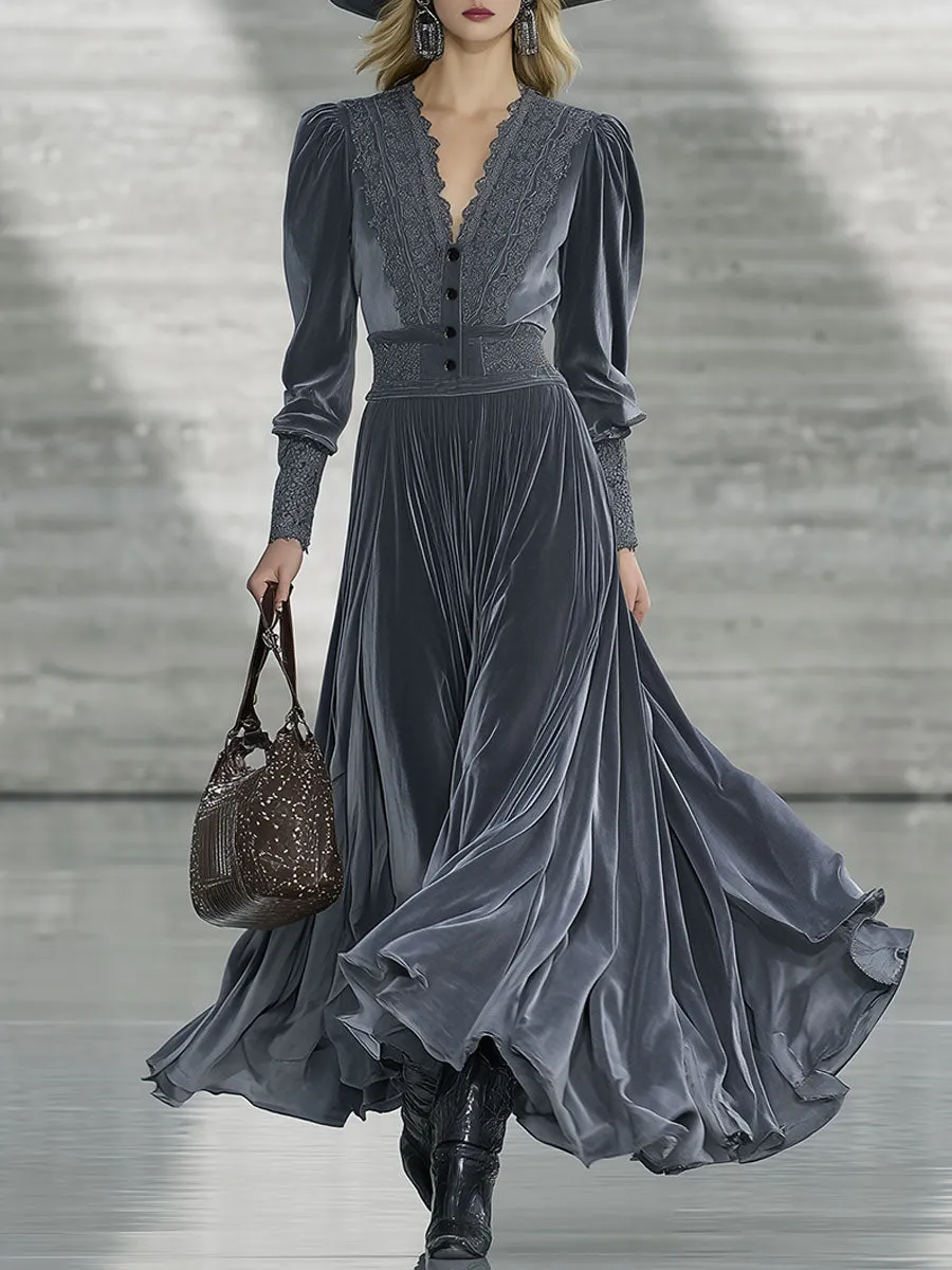 Fashion Retro Lace Gray Velvet Maxi Dress sold by Oyrosy