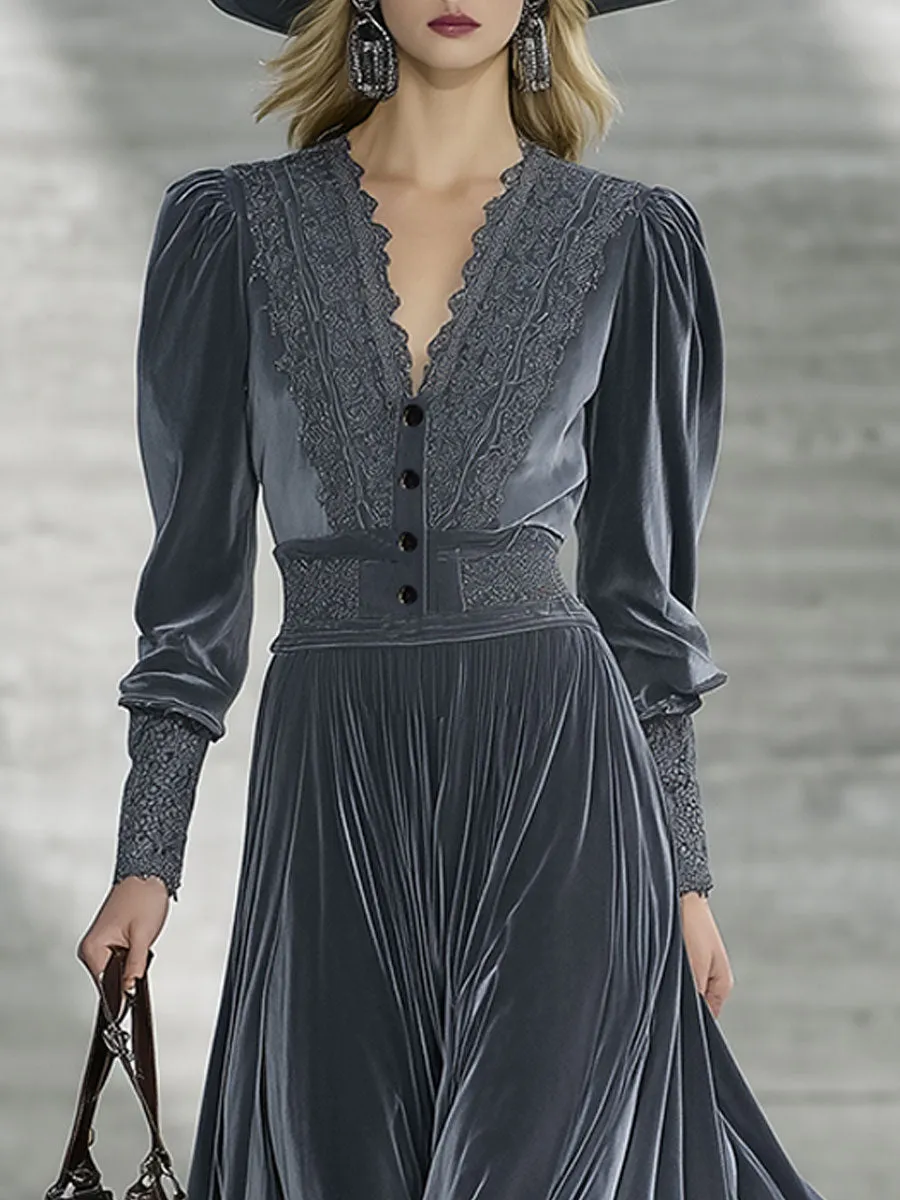 Fashion Retro Lace Gray Velvet Maxi Dress sold by Oyrosy product image thumbnail 3