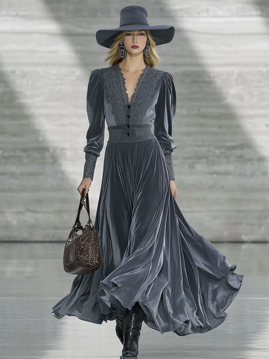 Fashion Retro Lace Gray Velvet Maxi Dress sold by Oyrosy product image thumbnail 2