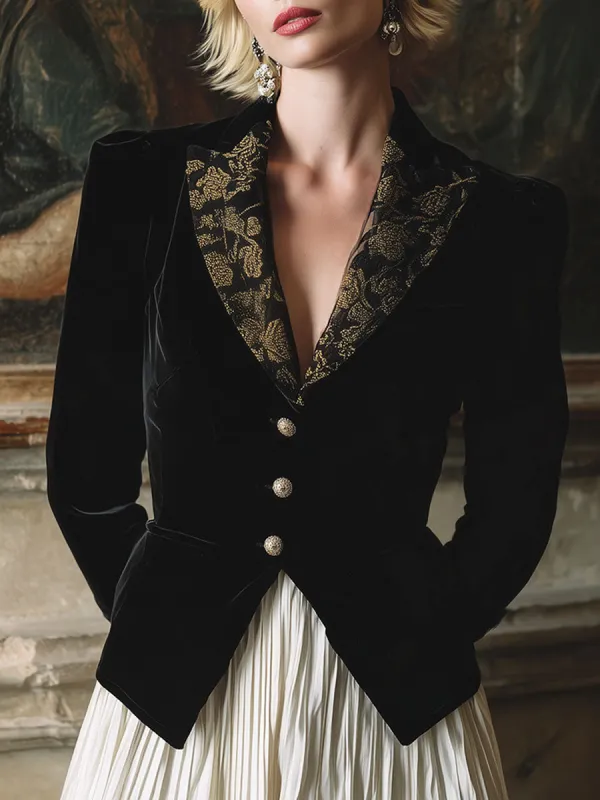 Vintage Exquisite Gold Lace Lapel Black Velvet Blazer sold by Oyrosy