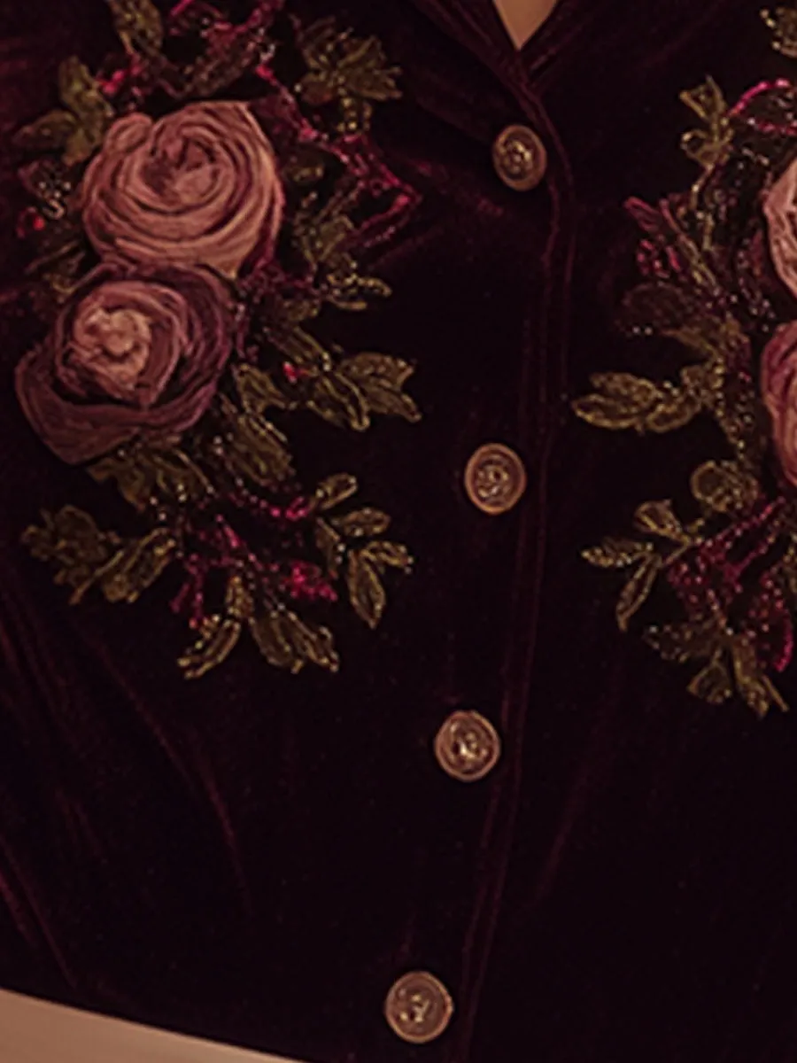 Exquisite Vintage Red Velvet Embroidered Shirt sold by Oyrosy product image thumbnail 4