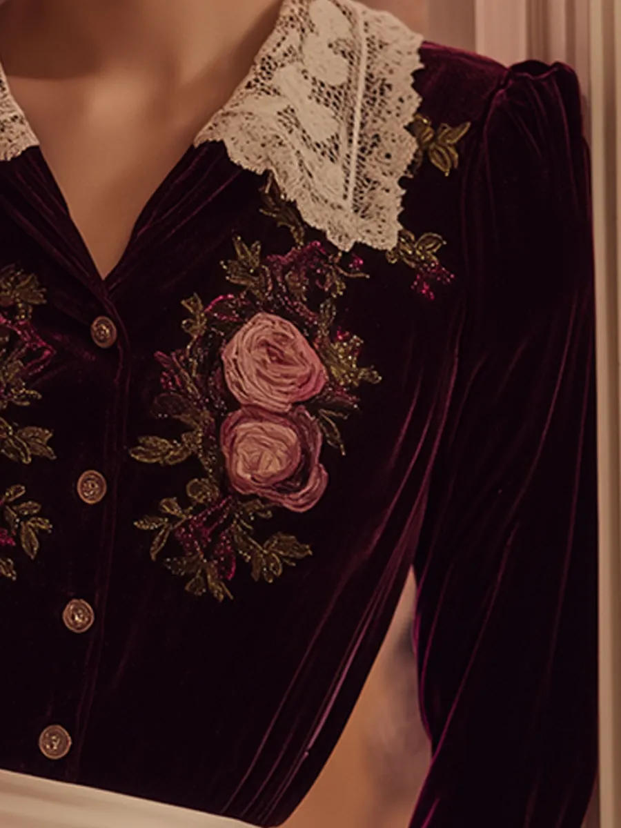 Exquisite Vintage Red Velvet Embroidered Shirt sold by Oyrosy product image thumbnail 3