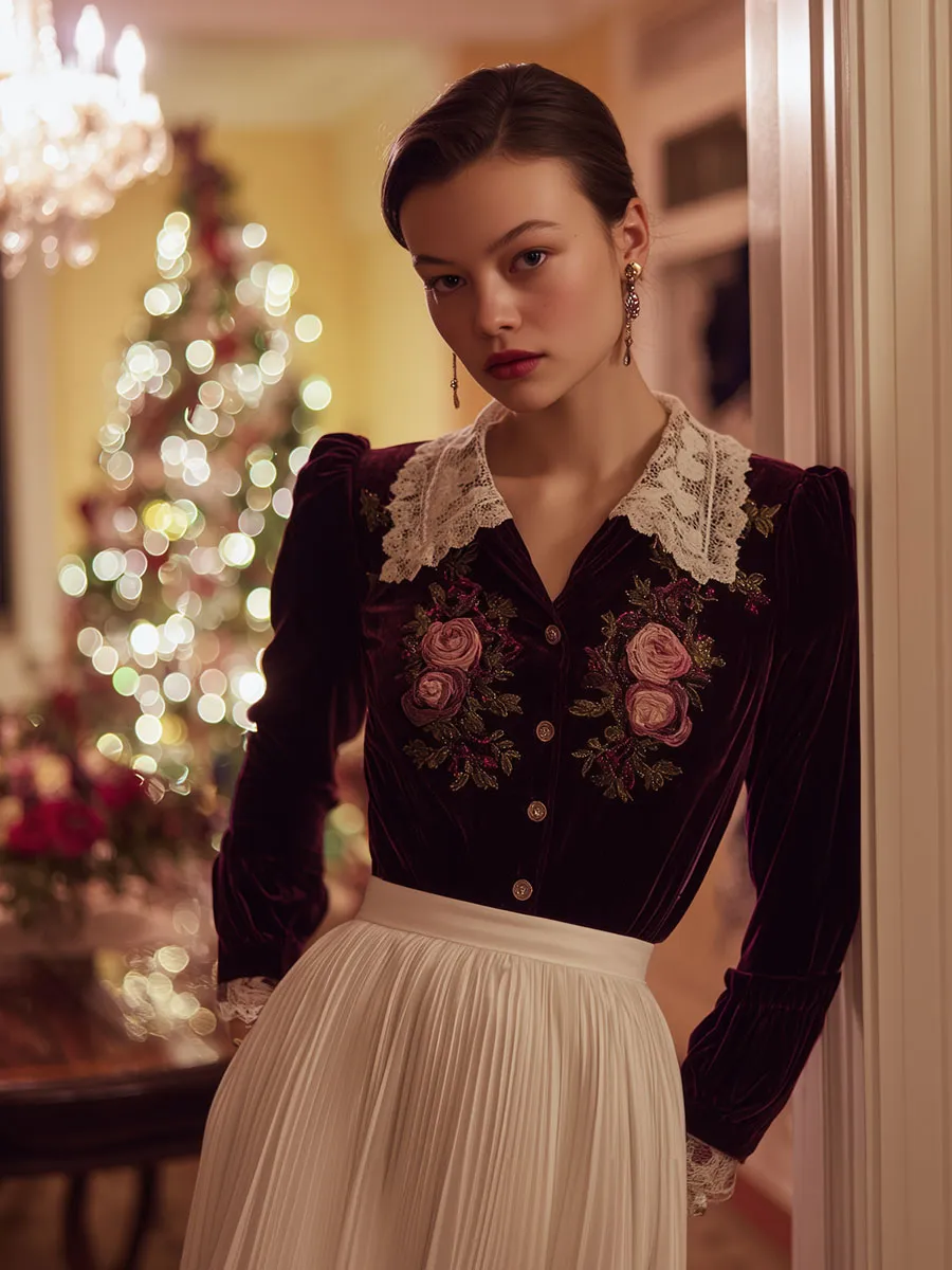 Exquisite Vintage Red Velvet Embroidered Shirt sold by Oyrosy product image thumbnail 2