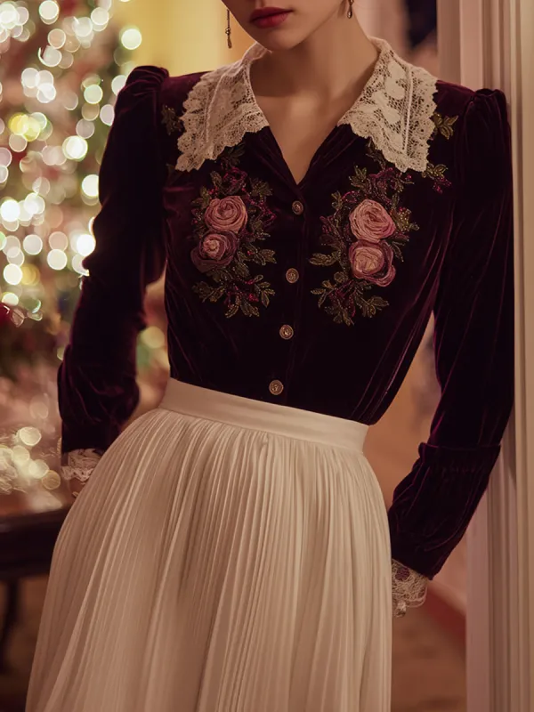 Exquisite Vintage Red Velvet Embroidered Shirt sold by Oyrosy