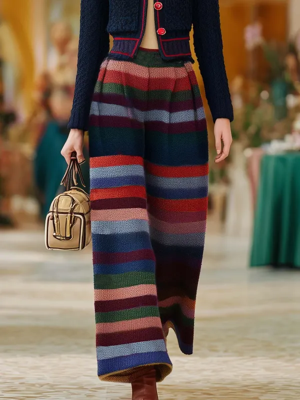 Vintage Multicolor Horizontal Striped Knitted Wide-leg Pants made by Oyrosy