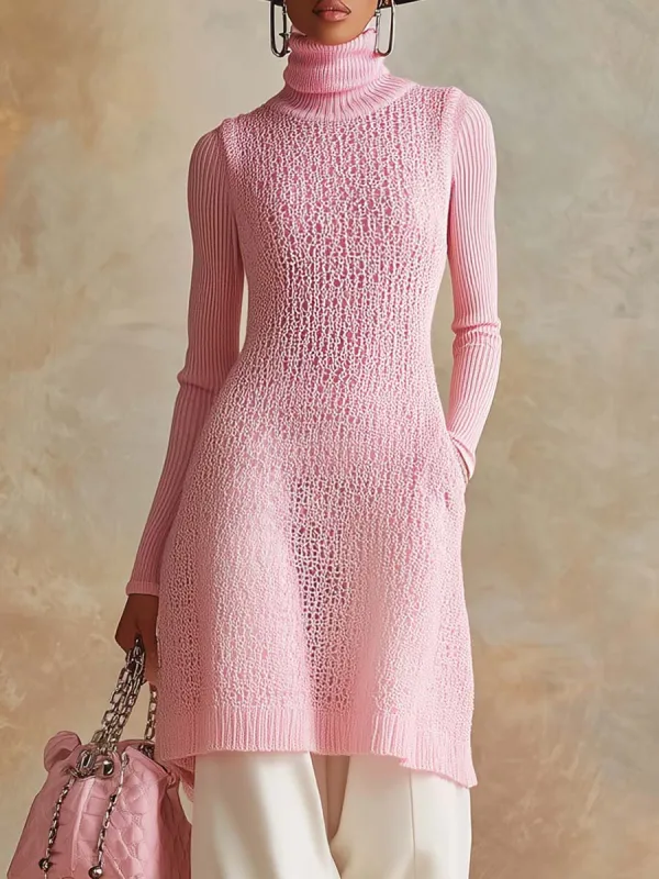 Elegant And Fashionable Pink Mesh Knitted Long Sleeve Long Sweater sold by Oyrosy