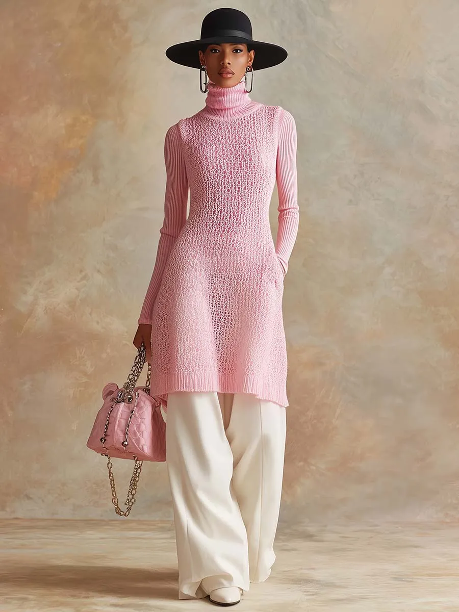 Elegant And Fashionable Pink Mesh Knitted Long Sleeve Long Sweater sold by Oyrosy product image thumbnail 2
