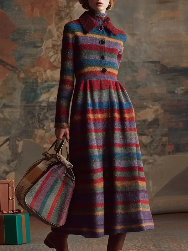 Retro Fashion Lapel Front Button Bubble Hem Multi-color Contrast Striped Knitted Midi Dress sold by Oyrosy