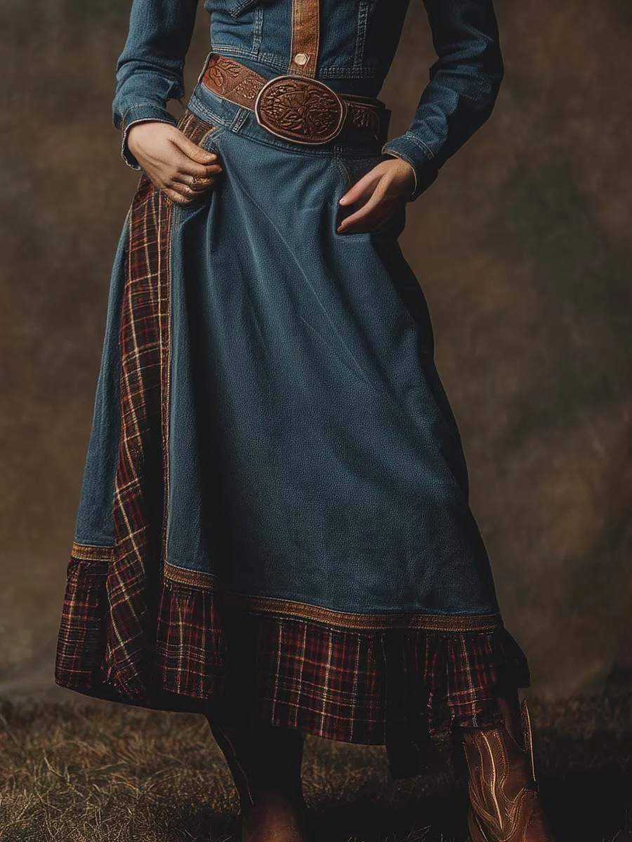 Retro Western Lapel Front Button Plaid Trim Blue Denim Midi Dress sold by Oyrosy product image thumbnail 4