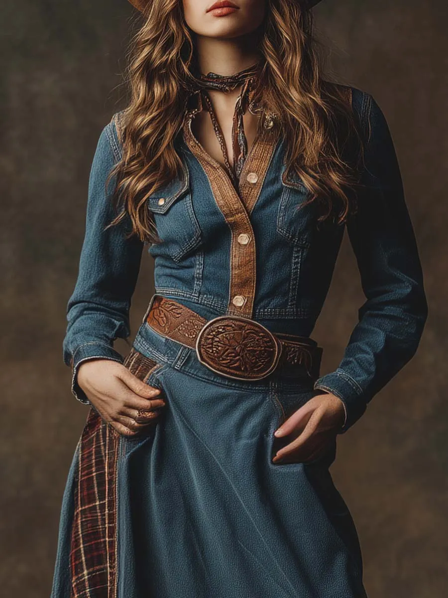 Retro Western Lapel Front Button Plaid Trim Blue Denim Midi Dress sold by Oyrosy product image thumbnail 3