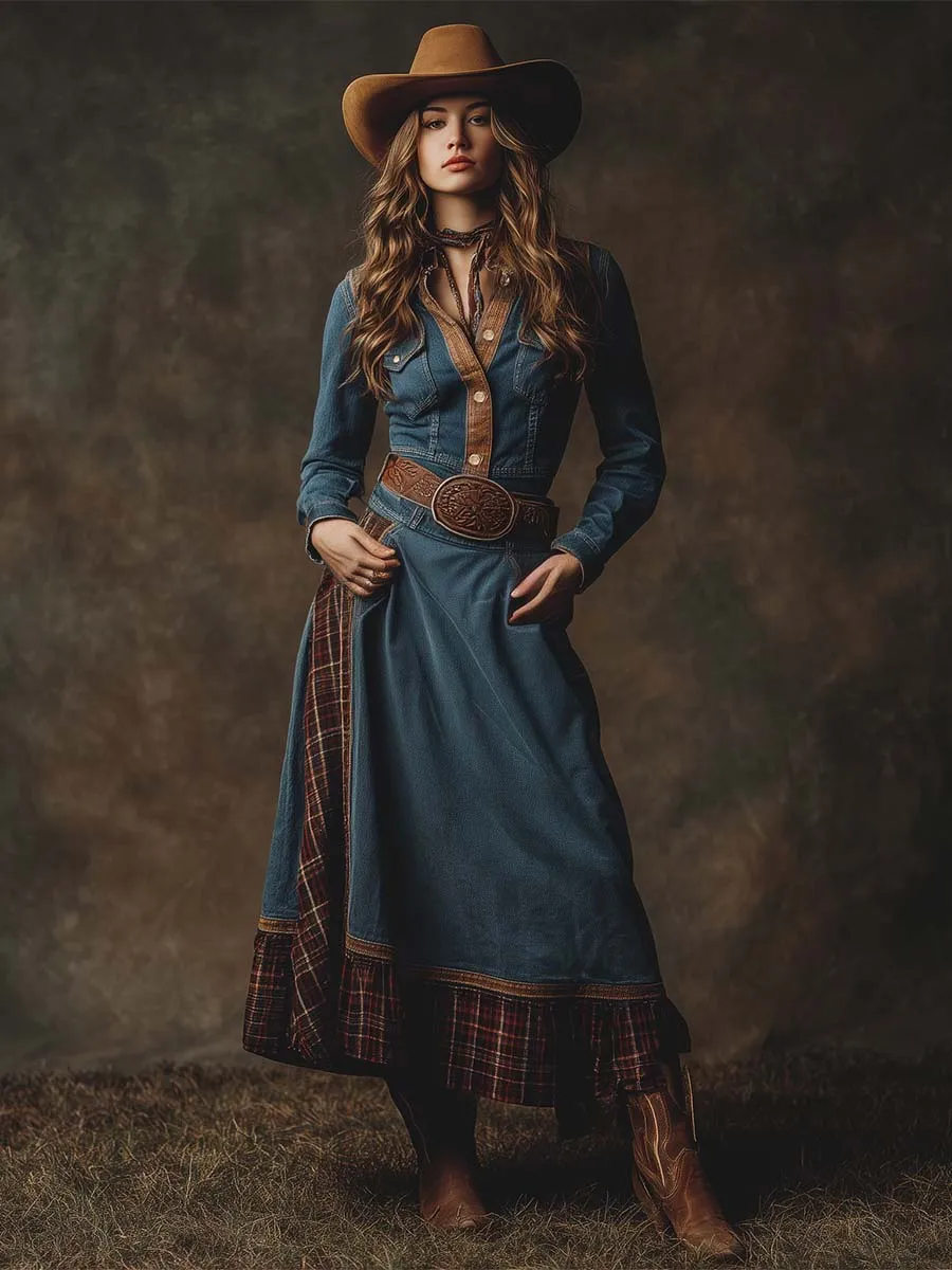 Retro Western Lapel Front Button Plaid Trim Blue Denim Midi Dress sold by Oyrosy product image thumbnail 2