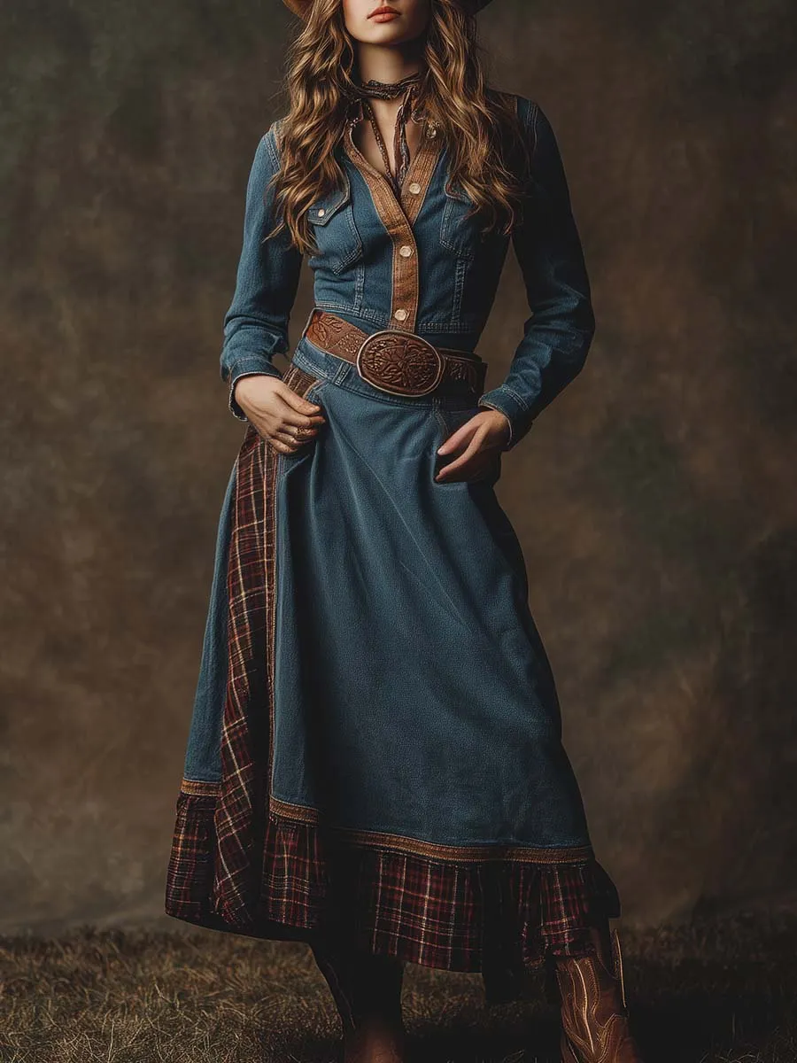 Retro Western Lapel Front Button Plaid Trim Blue Denim Midi Dress sold by Oyrosy